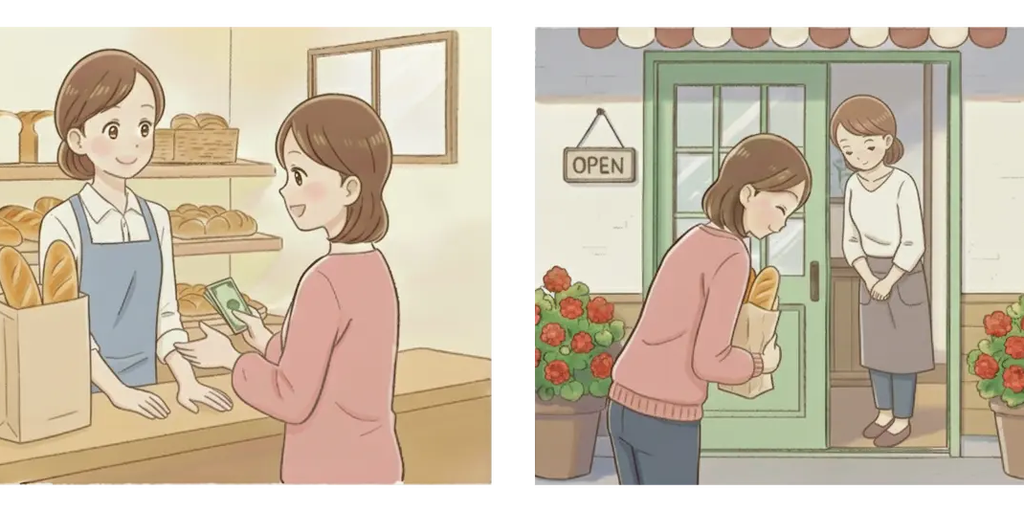 A woman purchasing bread from a baker, and another woman bowing to a customer outside a bakery.