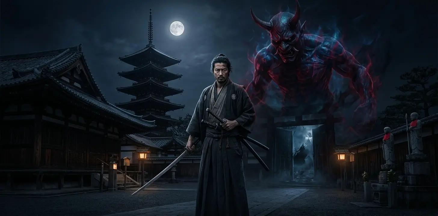 A realistic Edo-period samurai, Miyamoto Musashi, holding a katana under a full moon at a dark Kyoto temple, backed by a giant glowing red and blue Oni demon shadow in the style of Onimusha.