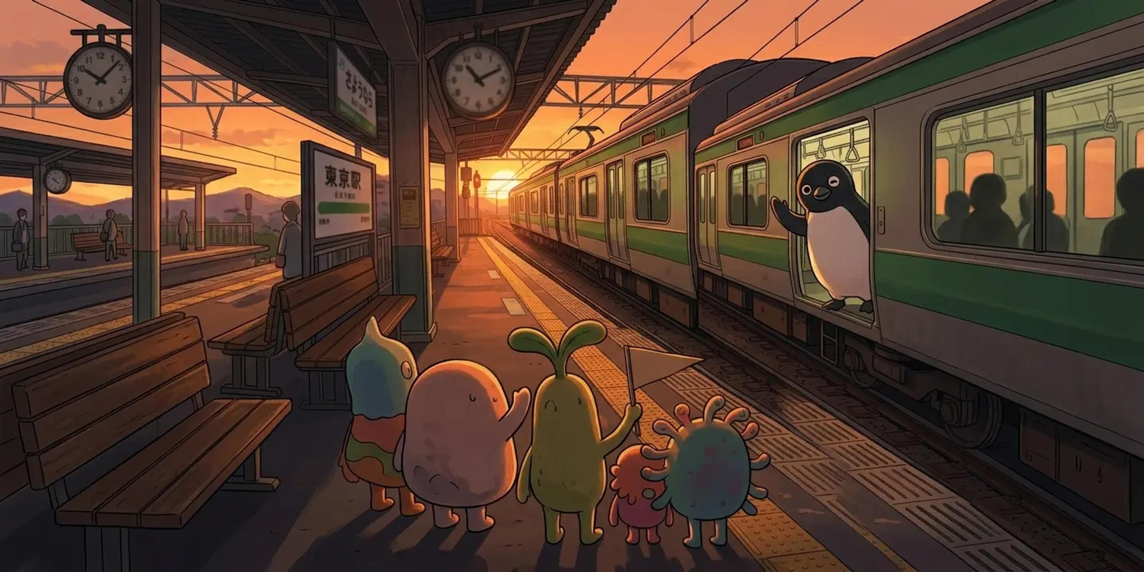 A nostalgic illustration of a cute penguin mascot (suica penguin) waving goodbye from a train window at a sunset-lit Japanese station, while quirky local mascots watch from the platform.