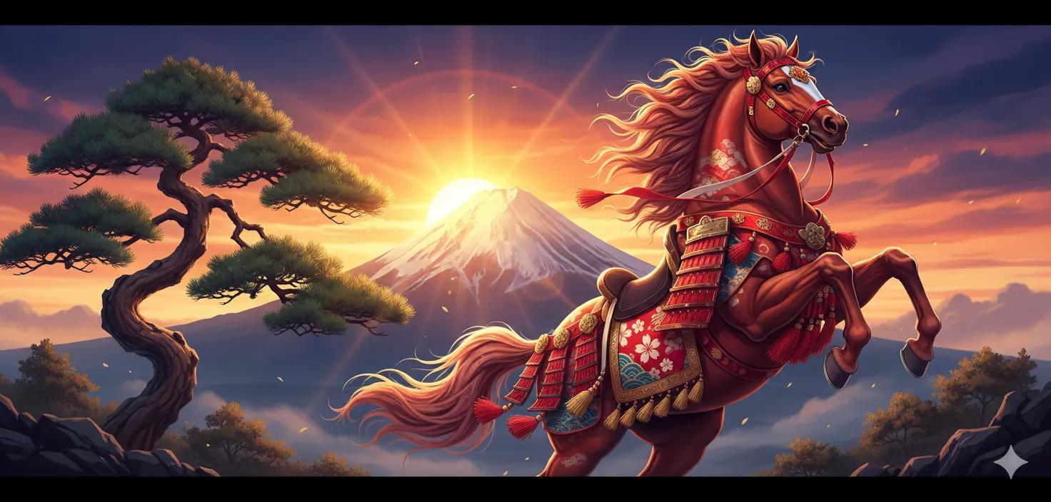 Cinematic photo for Japanese New Year celebrating the Year of the Horse, featuring a decorated horse with Mt. Fuji and a sunrise in the background.