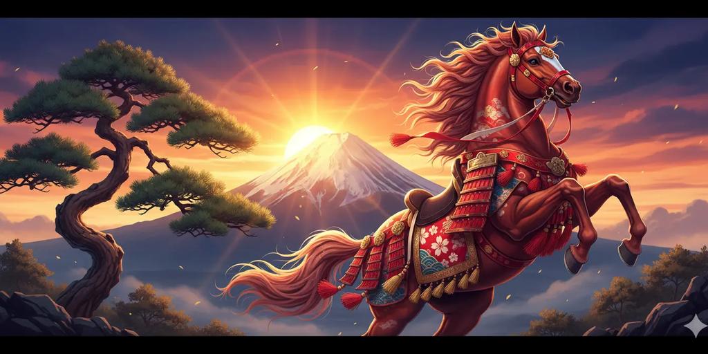 Cinematic photo for Japanese New Year celebrating the Year of the Horse, featuring a decorated horse with Mt. Fuji and a sunrise in the background.