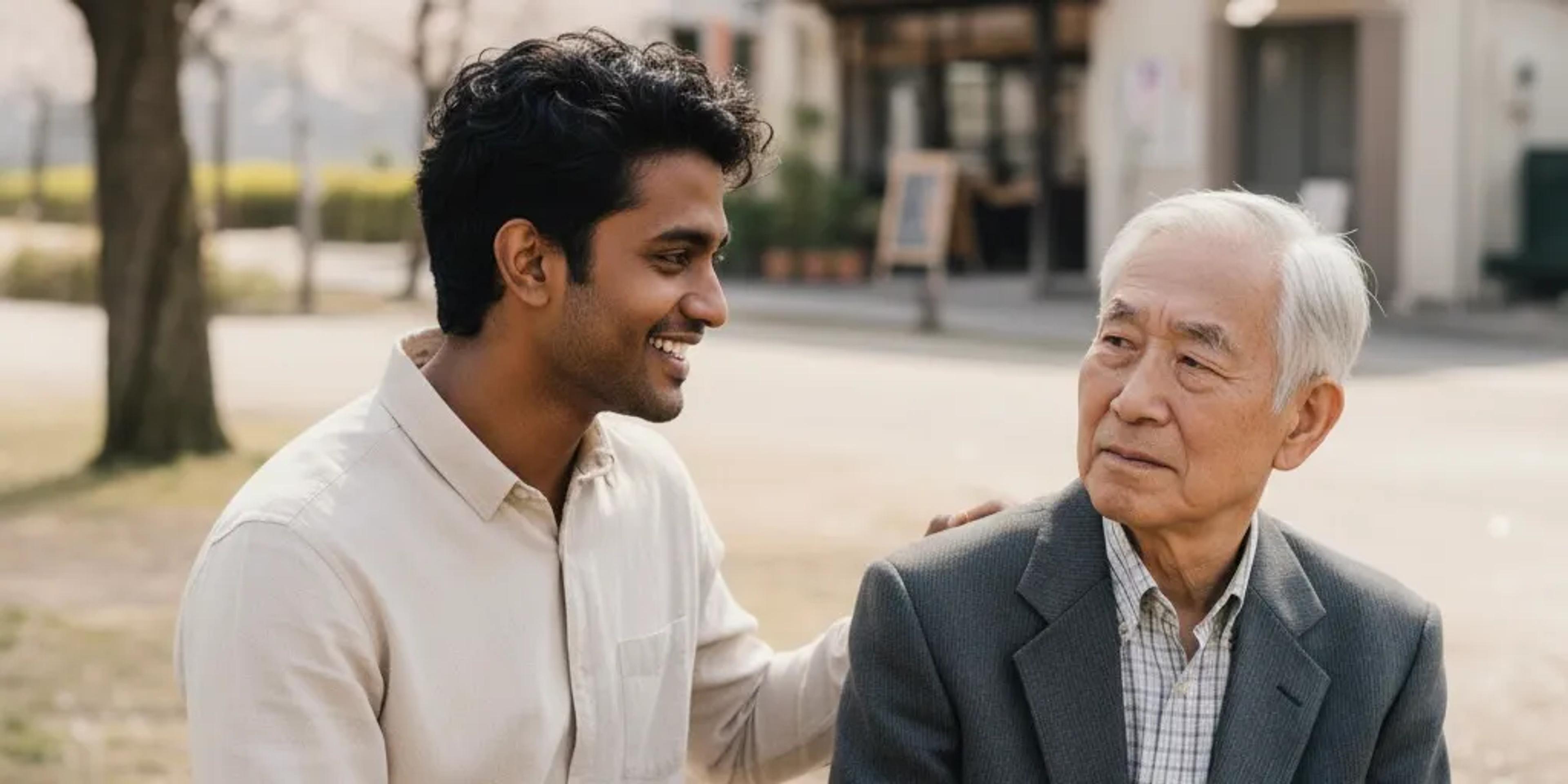 Cultural misunderstanding in Japan: A happy foreign man pats an older Japanese man's shoulder, who appears uncomfortable with the casual gesture.
