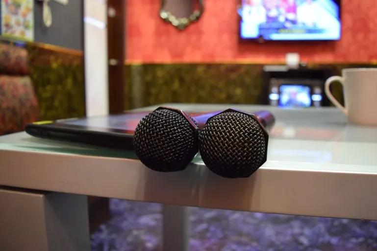 Image of a Karaoke room in Japan showing two microphones on a table and a television in the background