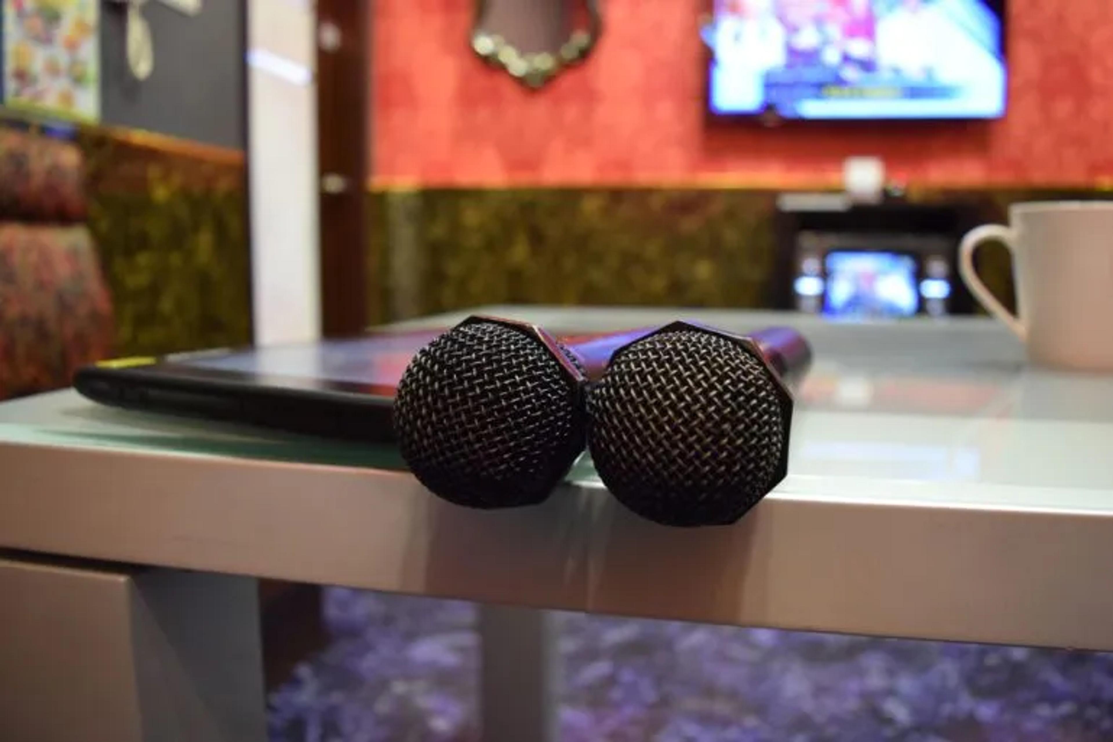 Image of a Karaoke room in Japan showing two microphones on a table and a television in the background