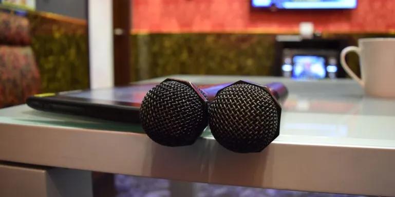 Image of a Karaoke room in Japan showing two microphones on a table and a television in the background