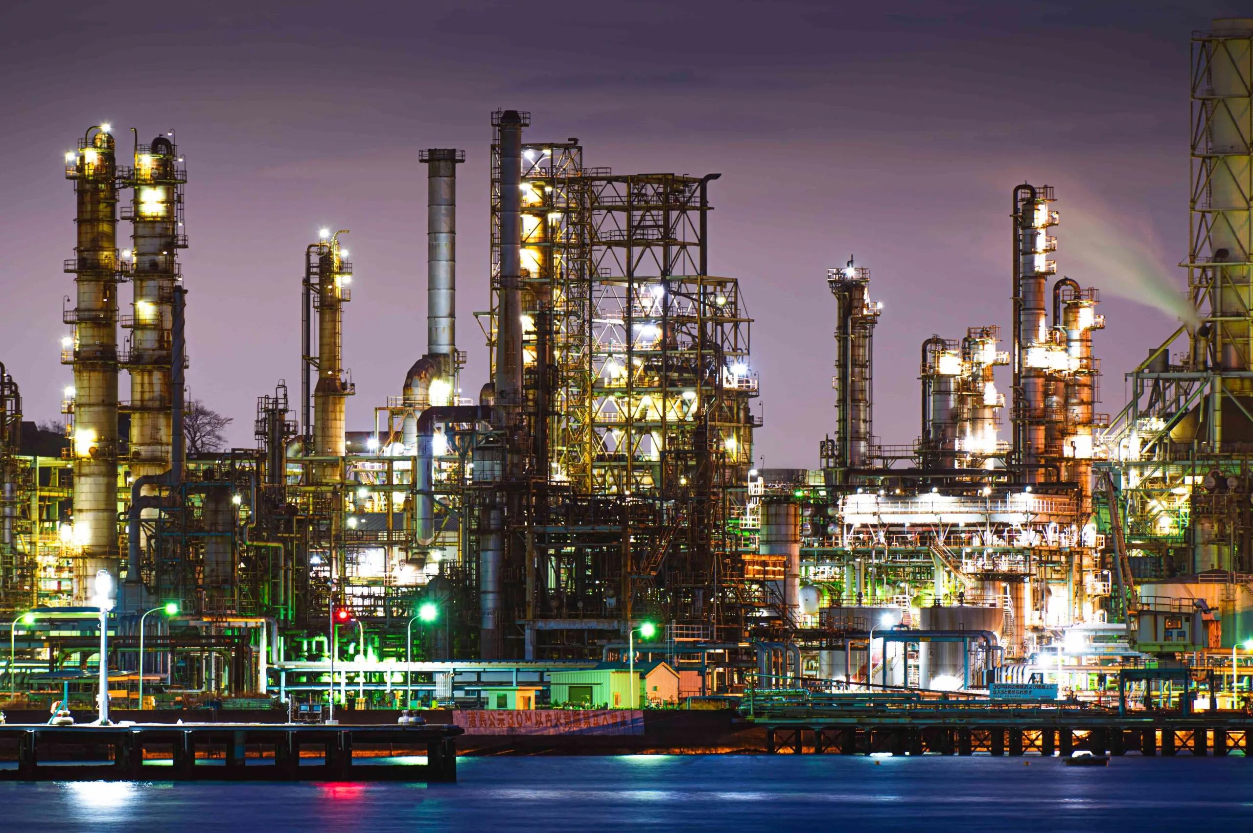 image of a factory at night