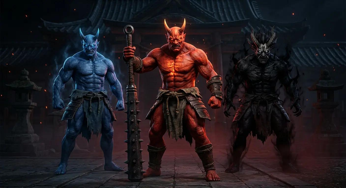 Dark fantasy 3D illustration of Red, Blue, and Black Oni, with the central Red Oni holding a massive spiked iron club (Kanabo) in a midnight Kyoto setting.