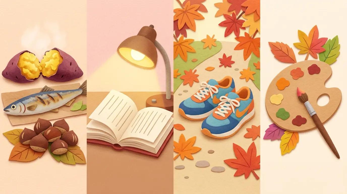 A 4-panel cut-felt style illustration representing traditional Japanese autumn themes, featuring roasted sweet potatoes and fish for appetite, an open book and desk lamp for reading, sneakers with maple leaves for sports, and an artist's palette for arts.
