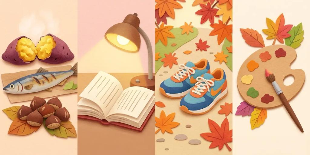 A 4-panel cut-felt style illustration representing traditional Japanese autumn themes, featuring roasted sweet potatoes and fish for appetite, an open book and desk lamp for reading, sneakers with maple leaves for sports, and an artist's palette for arts.