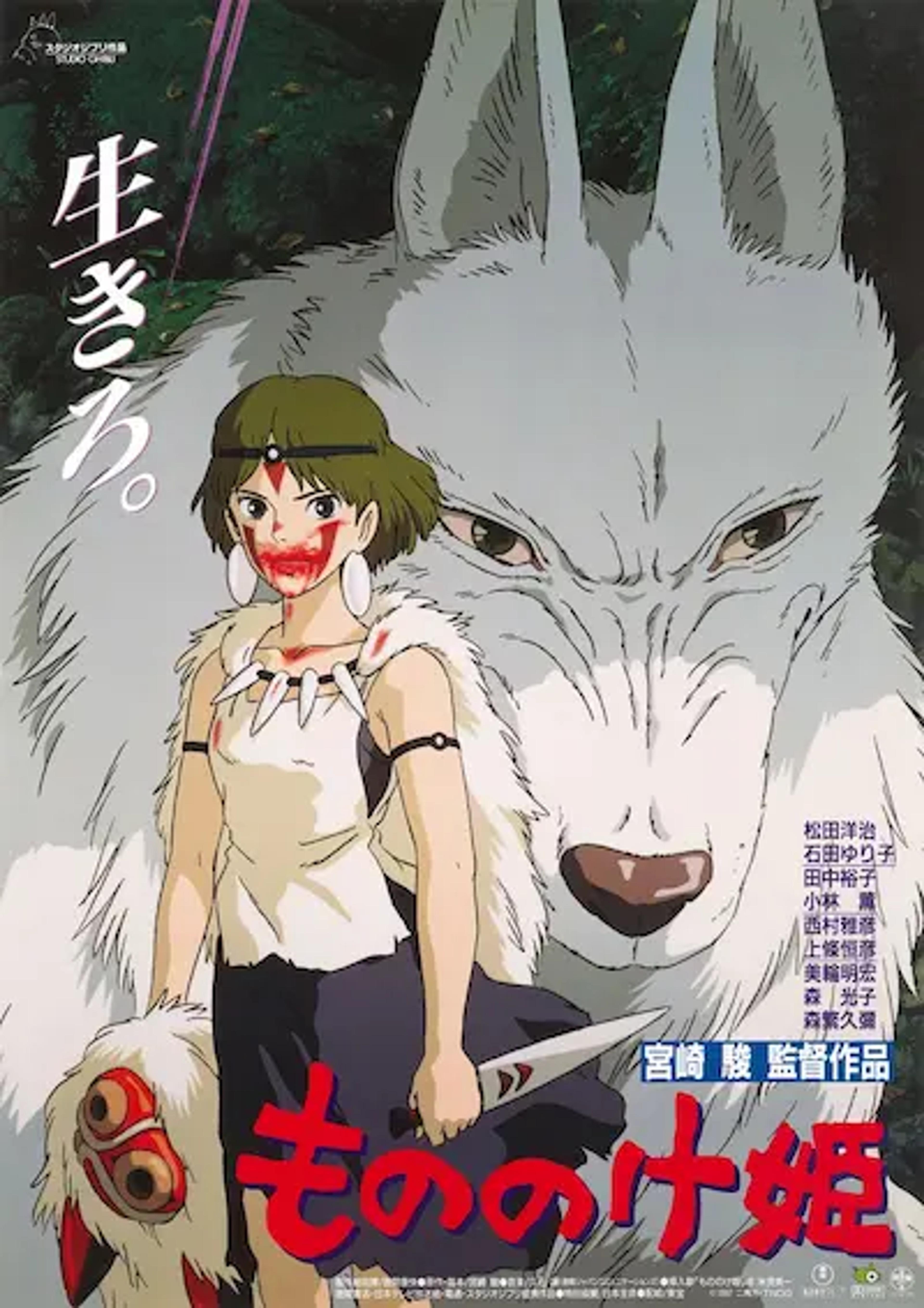Movie poster for Princess Mononoke featuring the character San with a dagger, standing in front of a giant white wolf.