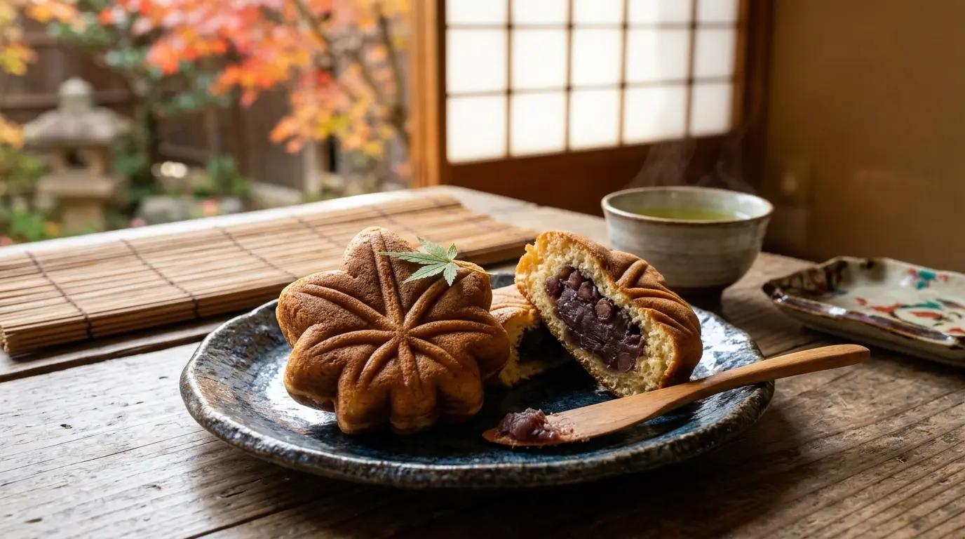Freshly baked Momiji Manju, a Japanese maple leaf-shaped cake, served on a ceramic plate alongside hot green tea with autumn leaves in the background.