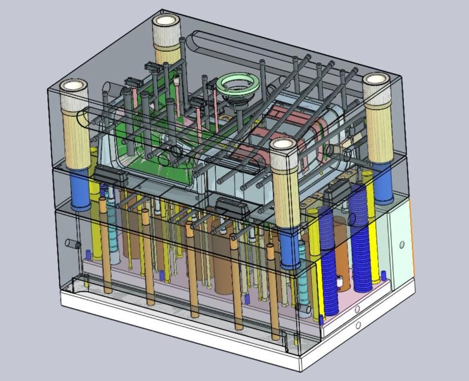 3D CAD design of an injection mould for serial production of a medical device housing.
