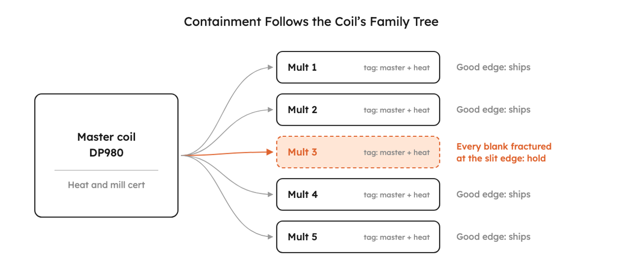A DP980 master coil, with its heat and mill cert, is slit into five mults. Each mult is tagged back to the master coil and heat. Mult 3 is highlighted because every blank from it fractured at the slit edge, so only that coil is held while the others ship.