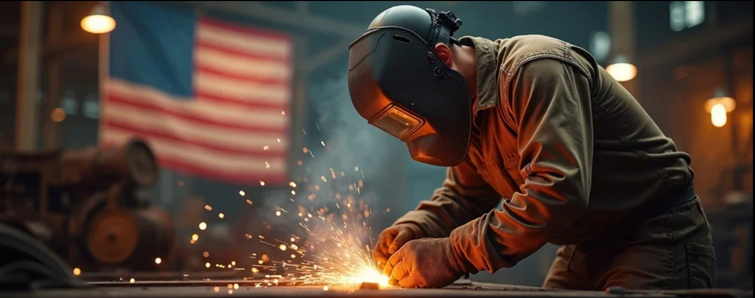 "American welder working on a metal fabrication floor with sparks flying, US flag visible in the background"