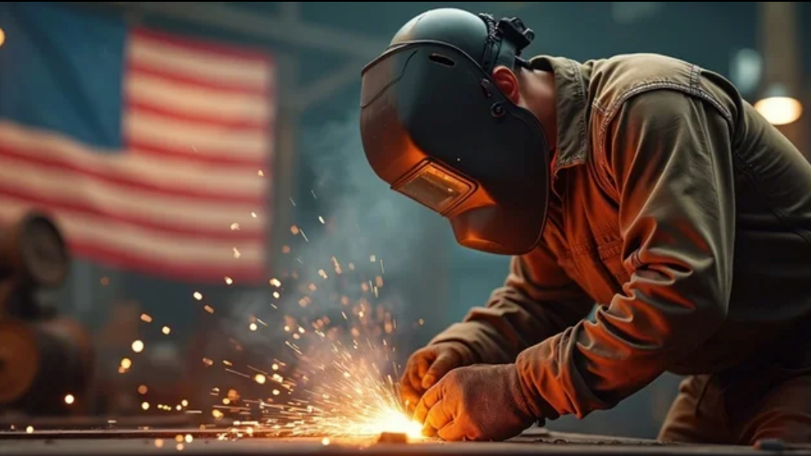 "American welder working on a metal fabrication floor with sparks flying, US flag visible in the background"