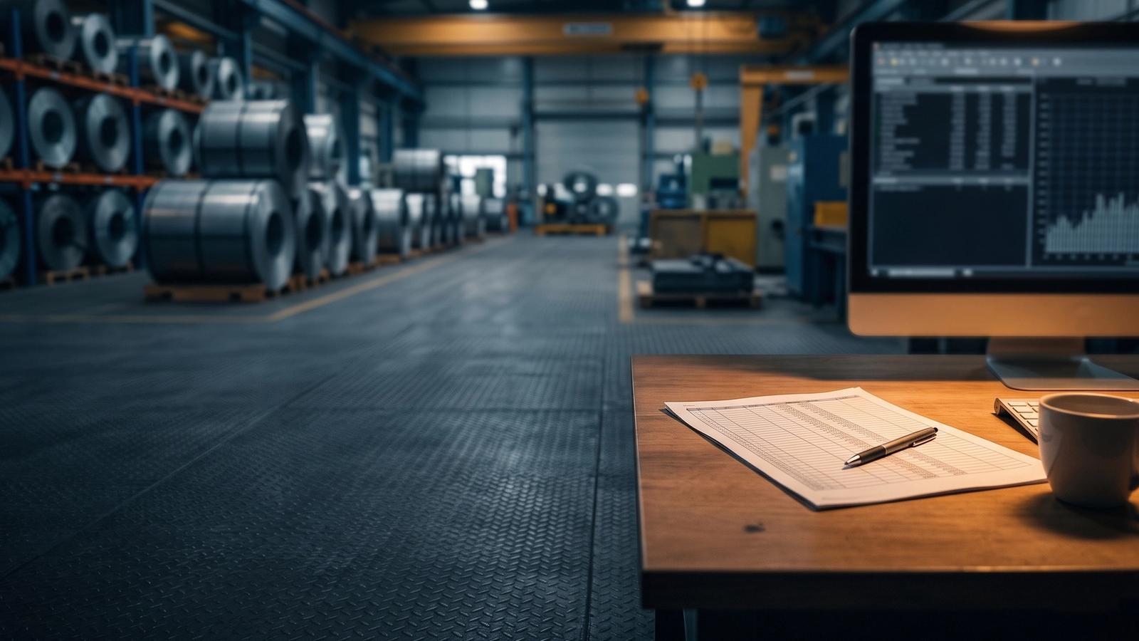 A service center workstation and production paperwork amid rows of steel coils — evaluating AI tools for the floor.