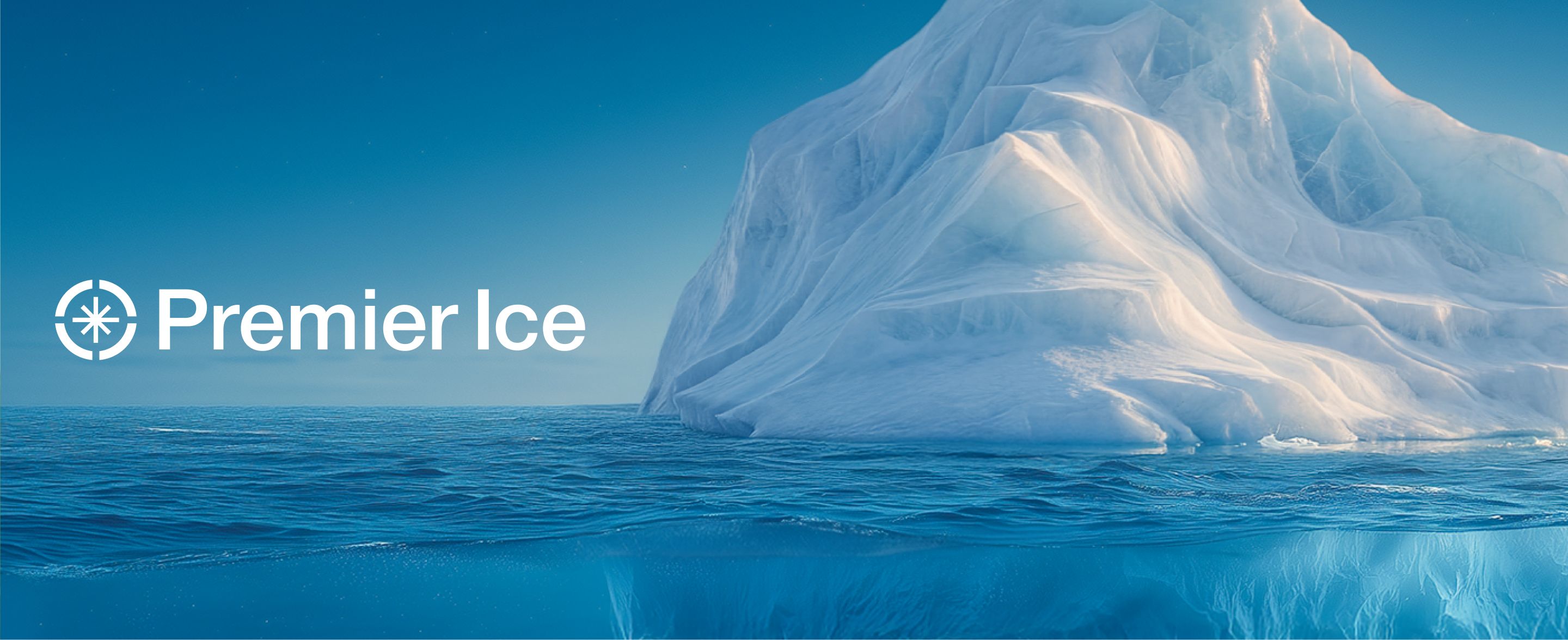 The Premier Ice logo over an iceberg in the open sea