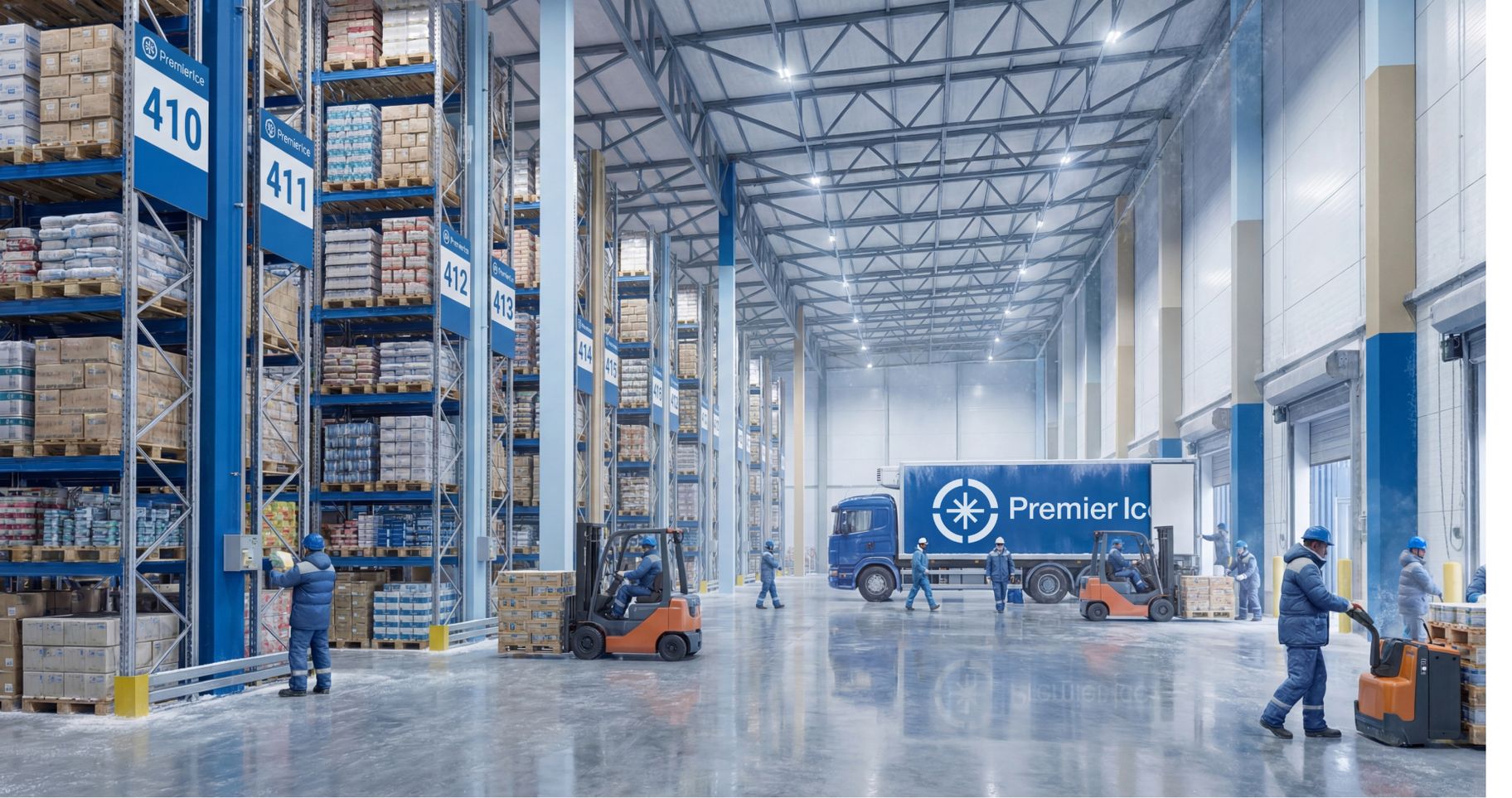 A Premier Ice cold-storage warehouse: racks of frozen goods, forklifts and a branded truck at the loading dock