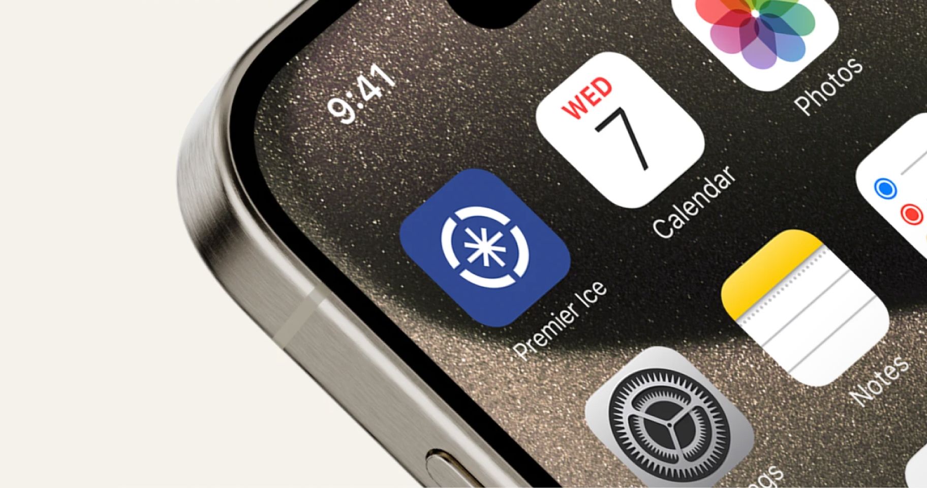 The Premier Ice app icon on an iPhone home screen next to Calendar, Photos and Notes