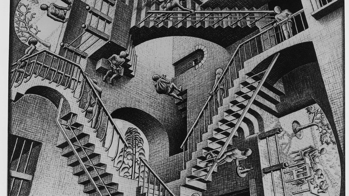 A lithograph print by the Dutch artist M. C. Escher, titled "Relativity." It depicts a world in which the normal laws of gravity do not apply. A lithograph print by the Dutch artist M. C. Escher, titled "Relativity." It depicts a world in which the normal laws of gravity do not apply.