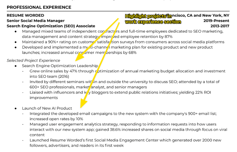 Resume snippet highlighting “Projects” as a main section with metrics and GitHub links