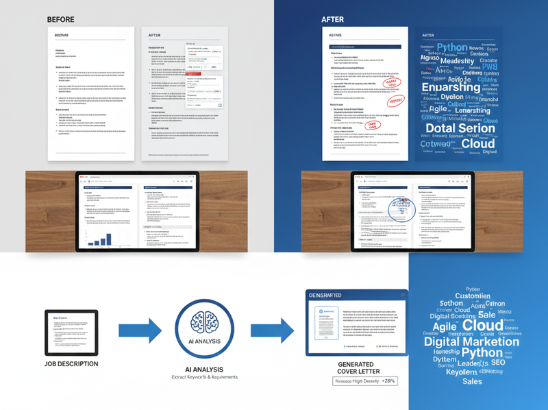 Process flow showing job description → AI analysis → generated cover letter