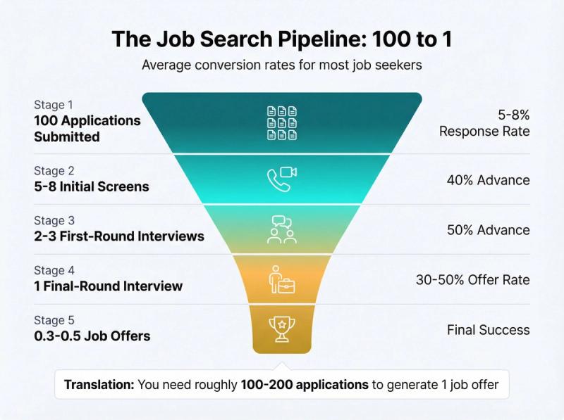 Visual showing "ATS Filter Funnel" - 100 applications → 25 pass ATS → 10 get interviews → 1 gets offer