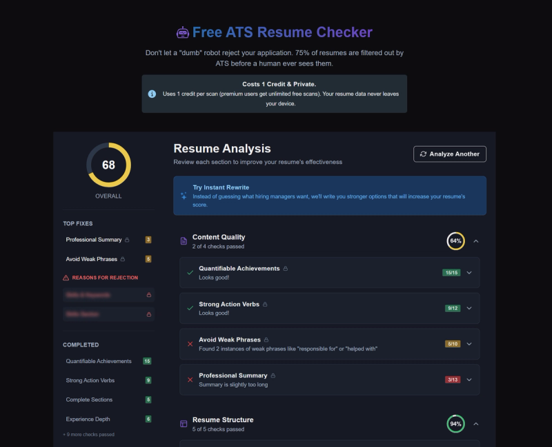 Screenshot of HiringMessage dashboard showing ATS score improvement and cover letter generation