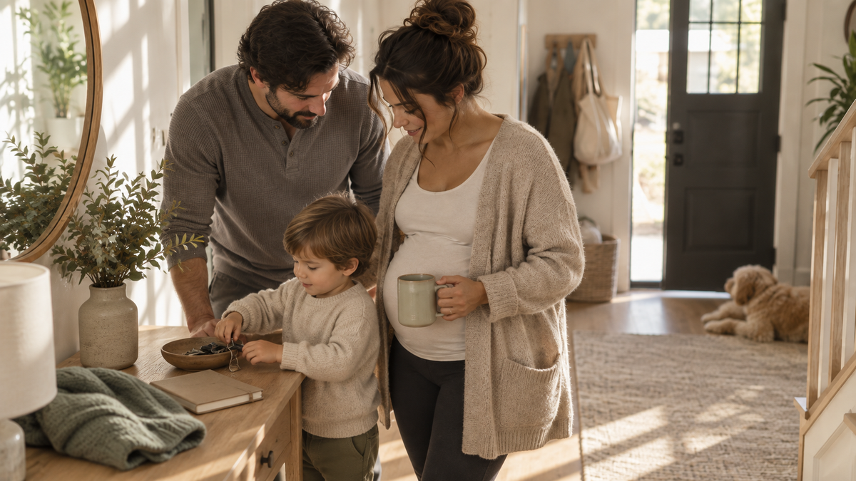 Everyday items arranged for a simple family routine in soft natural light