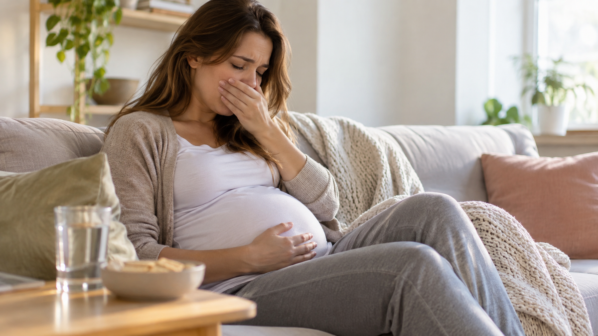 Pregnant woman resting comfortably at home while experiencing morning sickness.