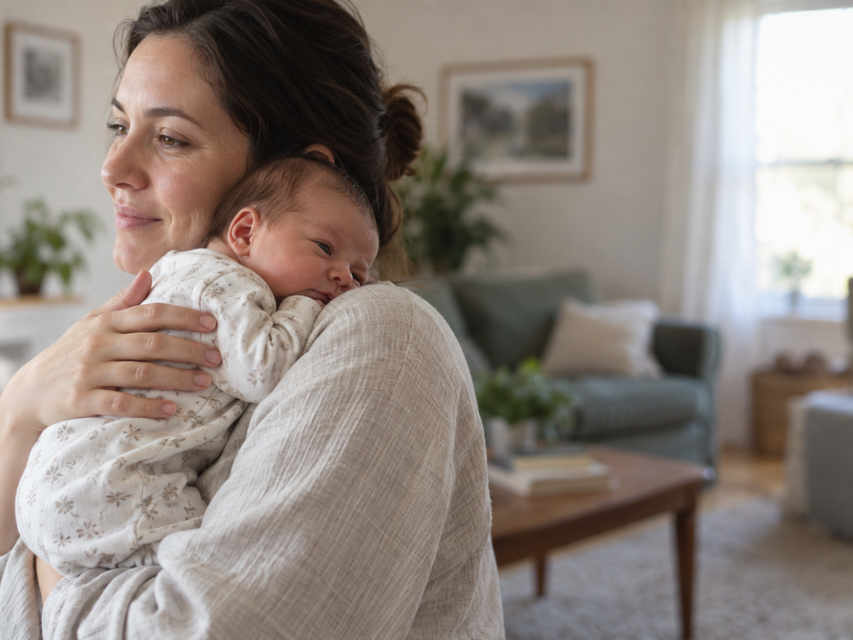 A newborn baby held upright against a parent's shoulder in soft daylight at home.