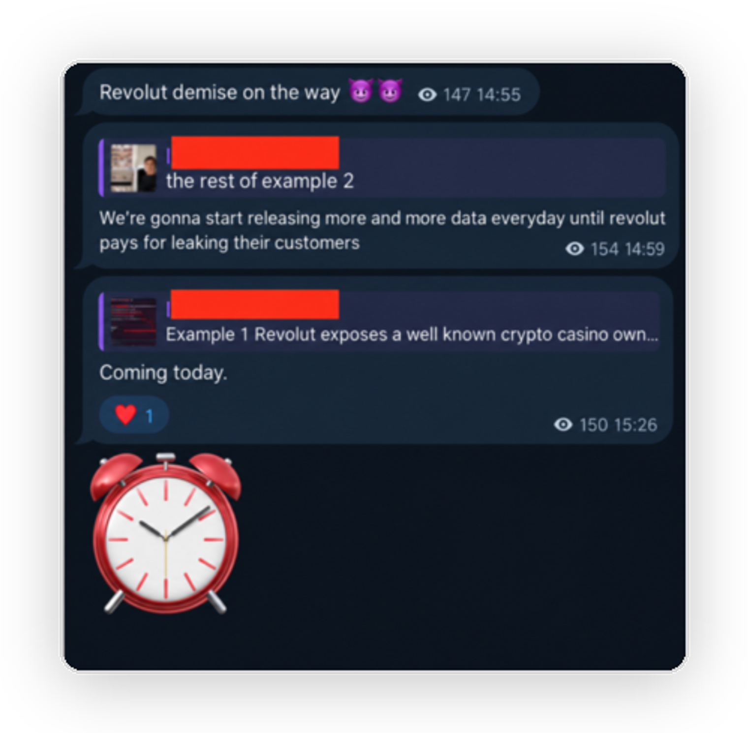 Posts on the Revolut Smilik Telegram channel: 'Revolut demise on the way,' 'We're gonna start releasing more and more data everyday until revolut pays for leaking their customers,' and 'Example 1 Revolut exposes a well known crypto casino owner. Coming today.' Sender names are redacted.