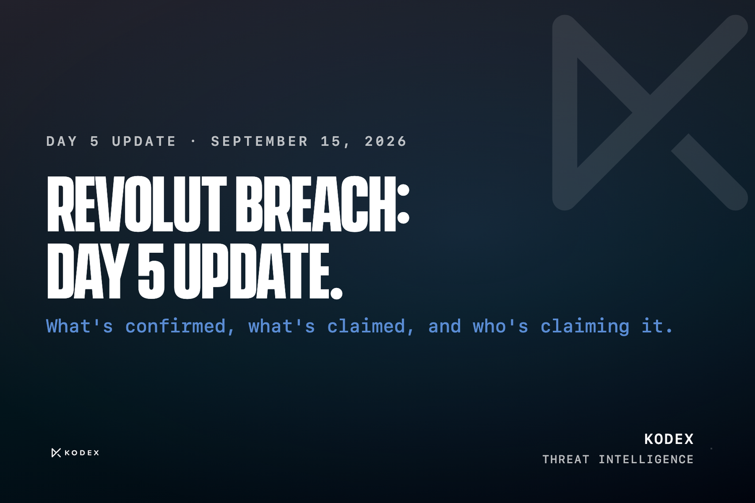 Revolut breach: day 5 update. What’s confirmed, what’s claimed, and who’s claiming it. Kodex threat intelligence.