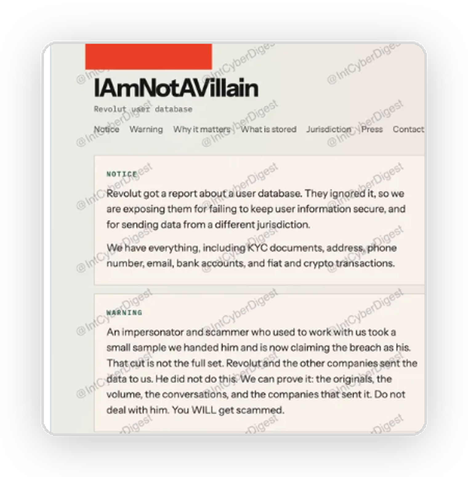 The IAmNotAVillain website. A notice section says Revolut got a report about a user database and ignored it, and claims to hold KYC documents, addresses, phone numbers, emails, bank accounts and transactions. A warning section says an impersonator who used to work with them took a small sample and is now claiming the breach as his.