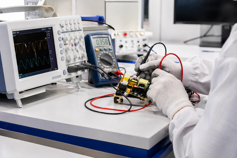 Técnico realiza testes em circuito eletrônico com equipamentos de medição em laboratório.