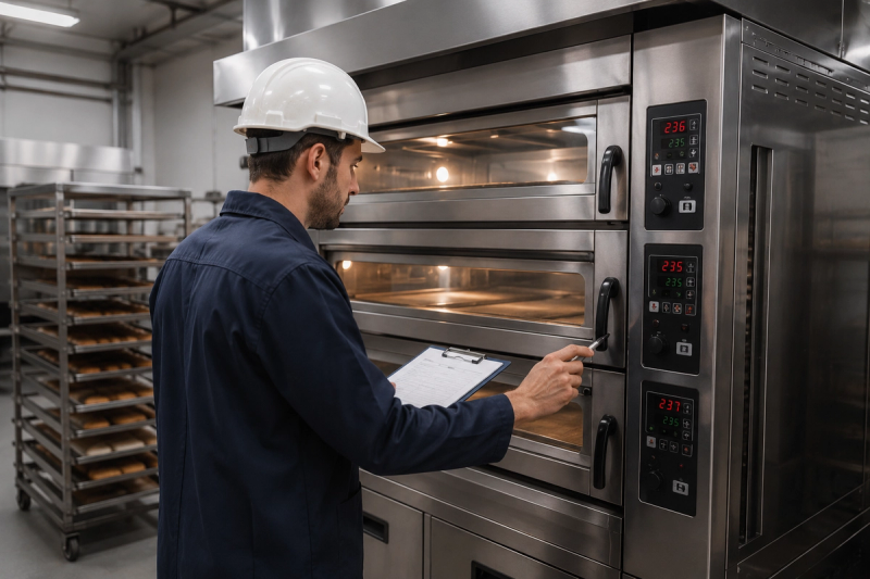 Técnico realizando inspeção em forno comercial industrial.
