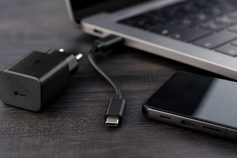 arregador USB-C ao lado de smartphone e notebook sobre mesa escura.