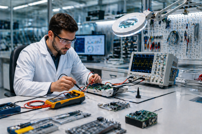 Técnico em laboratório eletrônico testando uma placa com equipamentos de medição.