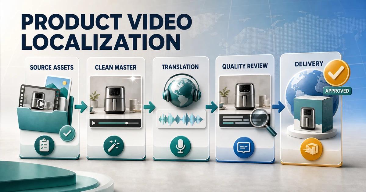 Product video localization cover labeled source assets, clean master, translation, quality review, and delivery