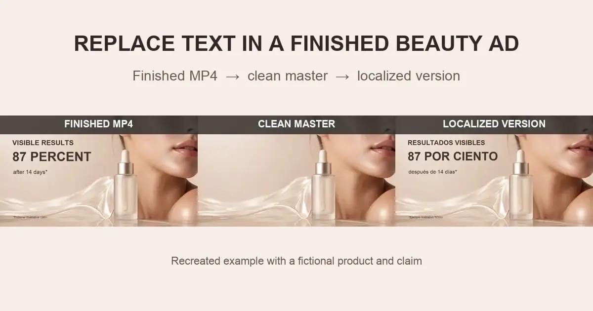 Recreated beauty ad shown as a finished MP4, clean master, and localized version