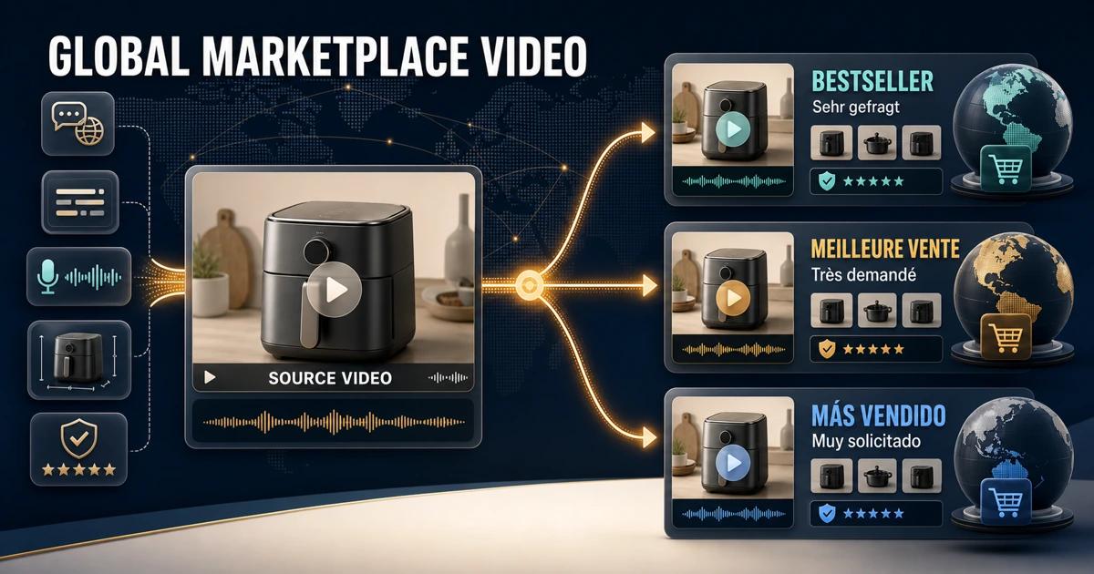 Global marketplace video cover with German Bestseller, French Meilleure vente, and Spanish Más vendido examples
