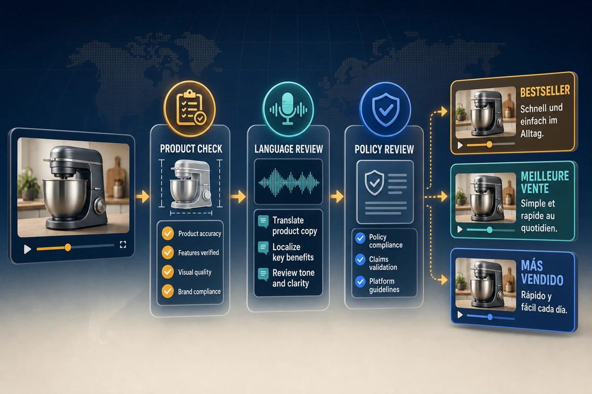 Marketplace video workflow with product, language, and policy review followed by German, French, and Spanish product-video versions