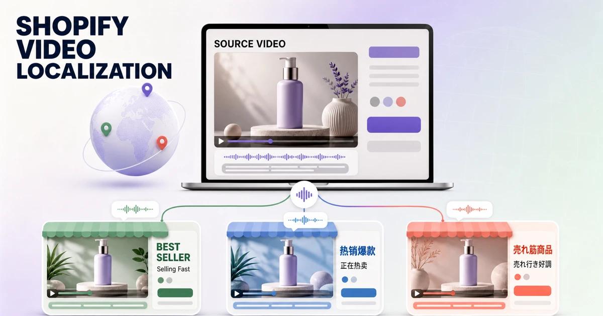 Shopify video localization cover with English Best Seller, Chinese 热销爆款, and Japanese 売れ筋商品 storefront examples