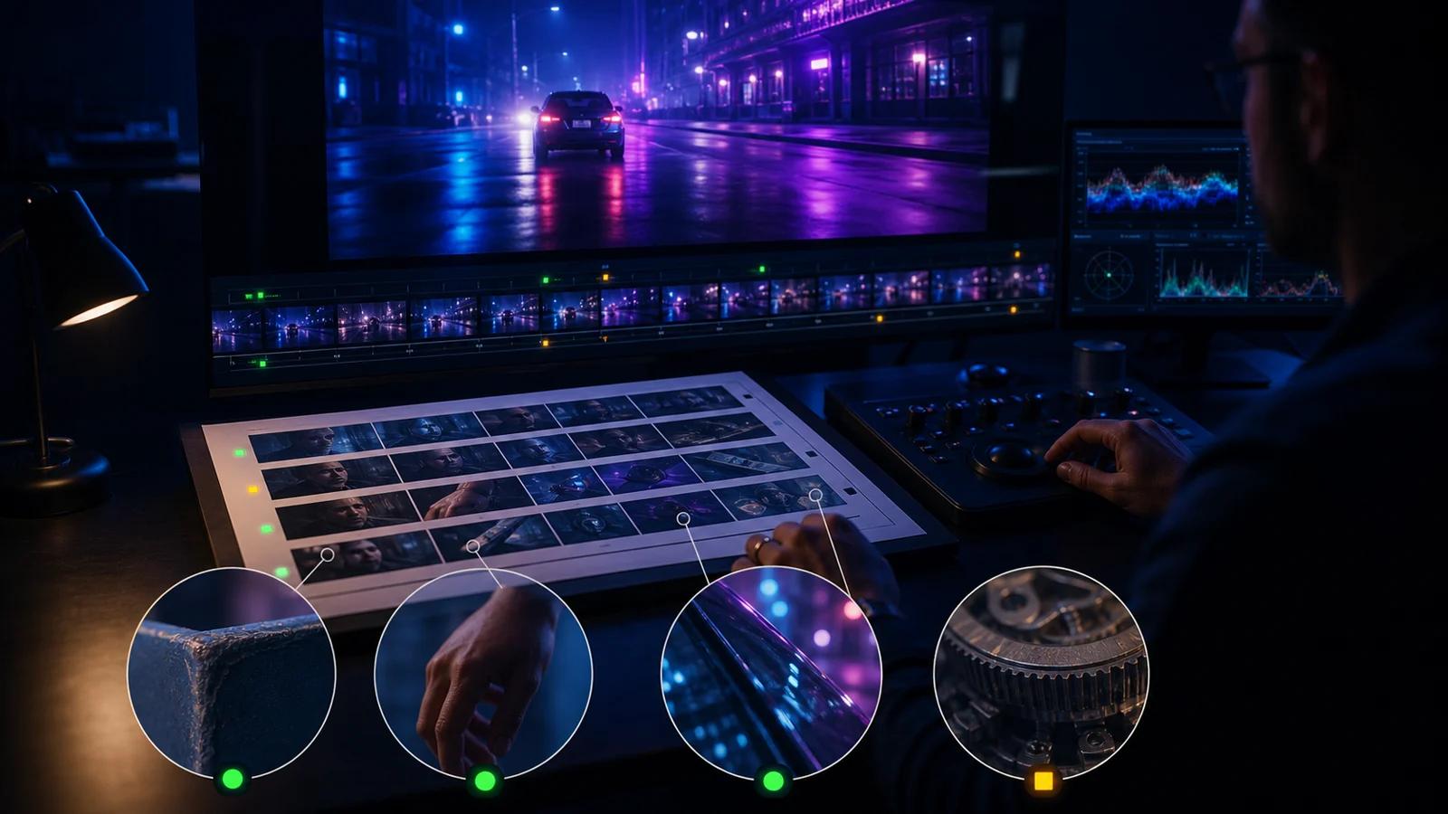 A video quality-control workstation reviewing multiple cleaned exports and high-risk frames