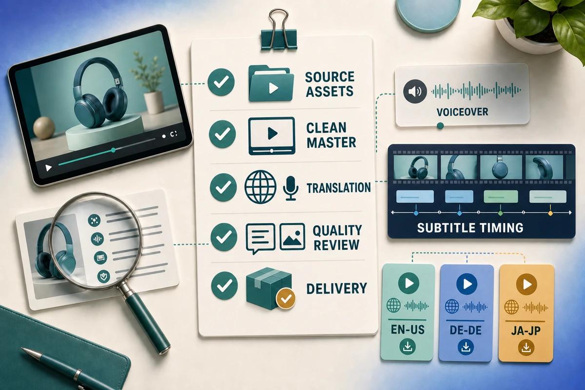 Labeled product video localization checklist covering source assets, clean master, translation, quality review, and delivery