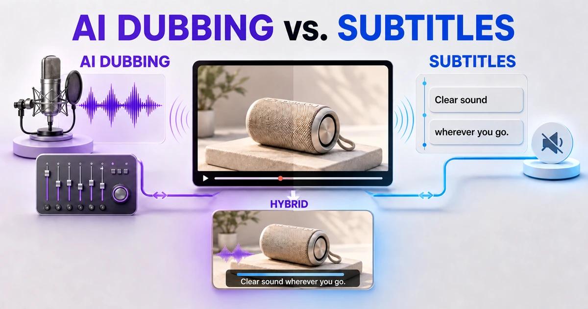 AI dubbing versus subtitles cover comparing voice localization, readable captions, and a hybrid product video