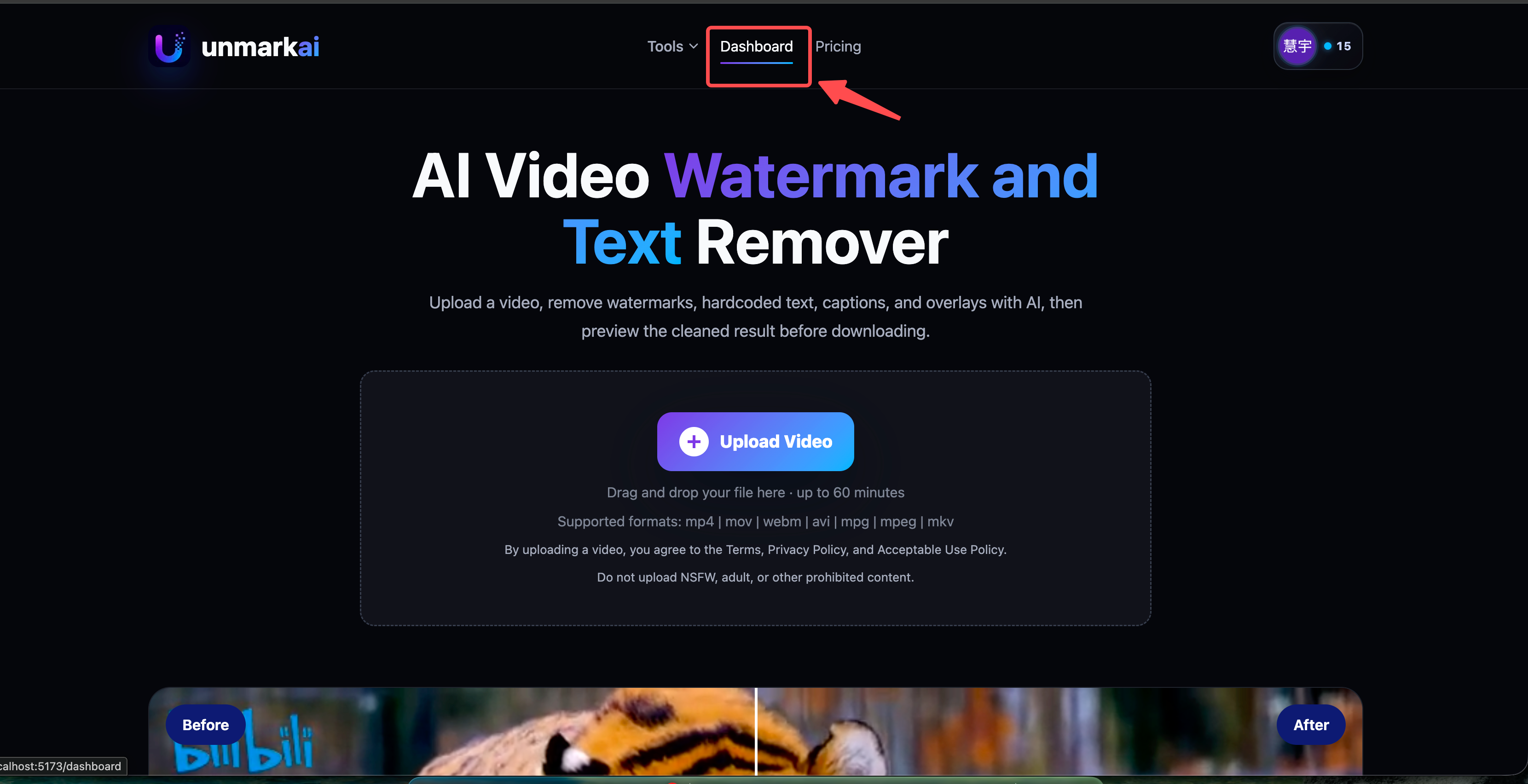 UnmarkAI dashboard workspace showing batch video processing interface