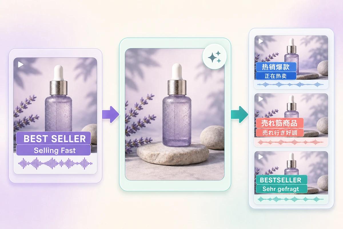 Shopify product video workflow translating Best Seller and Selling Fast into Chinese, Japanese, and German ecommerce copy