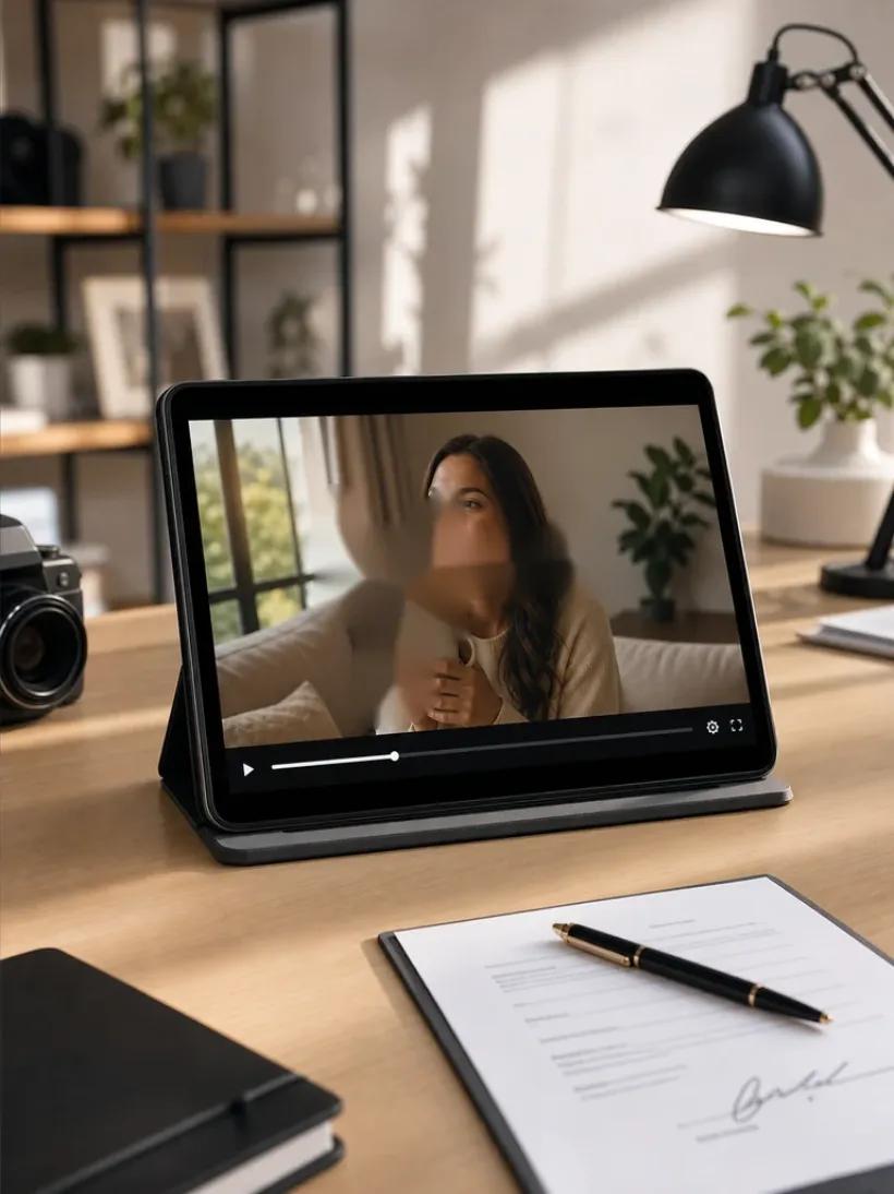 The same video frame after the text overlay is removed