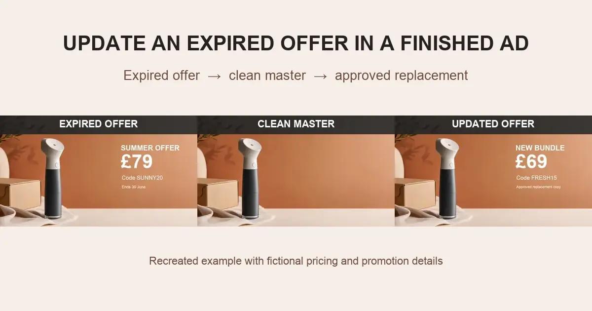 Finished video ad shown with an expired offer, clean master, and approved updated offer